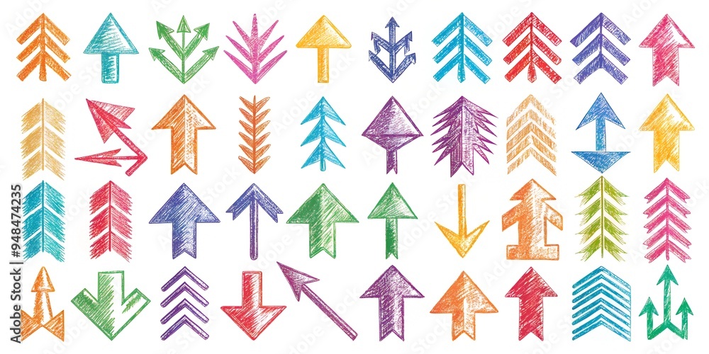 A diverse collection of colorful, hand-drawn arrows pointing in various directions on a white background. The set includes unique styles and shapes, ideal for creative and educational materials. A diverse collection of colorful, hand-drawn arrows pointing in various directions on a white background. The set includes unique styles and shapes, ideal for creative and educational materials.