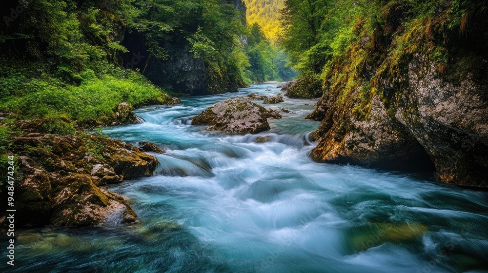 Vintgar Gorge's Charm: Captivating image of the Radovna River flowing through the enchanting Vintgar Gorge, surrounded by vibrant vegetation and rugged rocks. Vintgar Gorge's Charm: Captivating image of the Radovna River flowing through the enchanting Vintgar Gorge, surrounded by vibrant vegetation and rugged rocks.