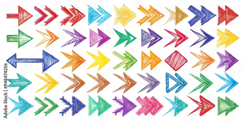 A vibrant collection of multicolored, hand-drawn arrows in various directions and styles on a white background. The playful design is perfect for presentations, infographics, and creative projects. A vibrant collection of multicolored, hand-drawn arrows in various directions and styles on a white background. The playful design is perfect for presentations, infographics, and creative projects.