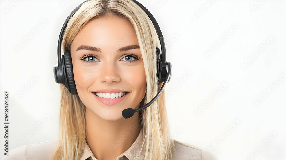 Blonde woman working diligently with a headset, isolated background, Blonde woman working diligently with a headset, isolated background,