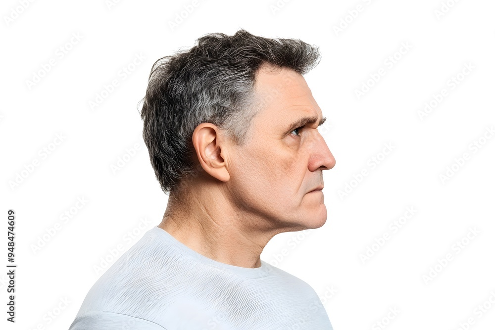 A 3D rendering of a mature man displaying a look of disgust with a wrinkled nose and head turned away from the against a plain white background A 3D rendering of a mature man displaying a look of disgust with a wrinkled nose and head turned away from the against a plain white background