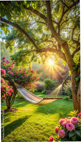 Hammock in a sunlit garden with blooming flowers, peaceful outdoor relaxation scene