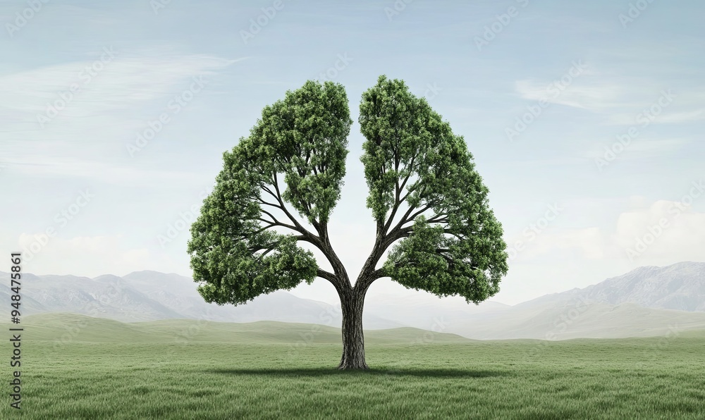 A single tree shaped like a pair of lungs stands tall in a field against a backdrop of mountains and a bright blue sky. A single tree shaped like a pair of lungs stands tall in a field against a backdrop of mountains and a bright blue sky.