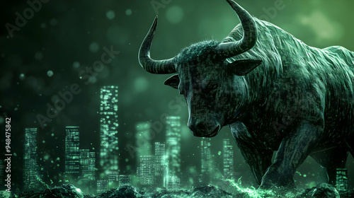 Bull market trading scenario with a vibrant green background and rising graph,