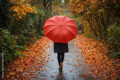 Person with a red umbrella walking through a rainy autumn park.