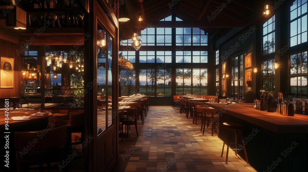 A cozy restaurant interior featuring warm lighting and expansive windows showcasing a sunset view in a countryside setting A cozy restaurant interior featuring warm lighting and expansive windows showcasing a sunset view in a countryside setting