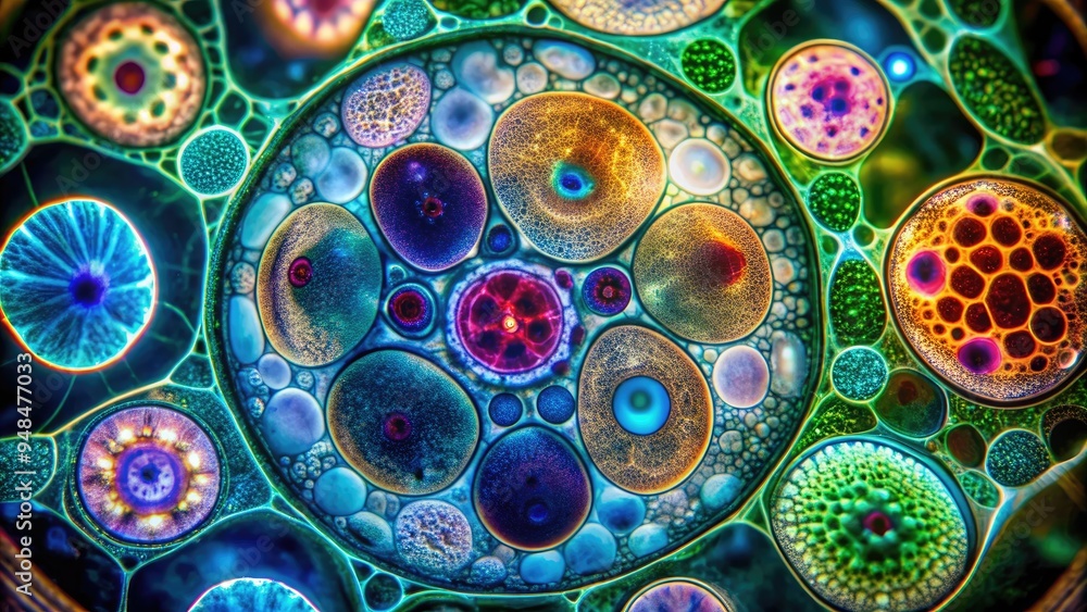 Illuminated microscope slide revealing intricate cellular structures and vibrant biological details under high-magnification, showcasing the wonders of microscopic examination Illuminated microscope slide revealing intricate cellular structures and vibrant biological details under high-magnification, showcasing the wonders of microscopic examination