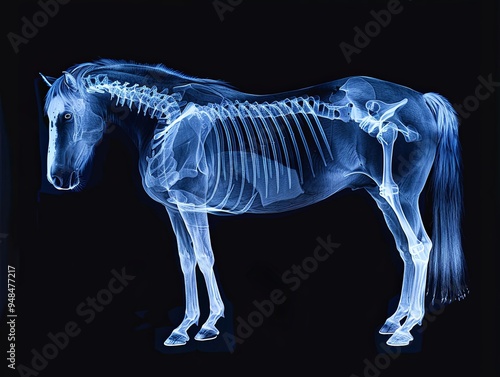 Blue X-ray image of a horse's skeleton, with a detailed view of the bones and muscles.