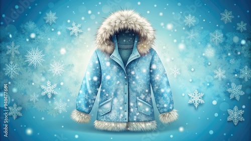 Illustrated winter coat with fur-lined hood, snowflakes, and Frosty colors, set against a soft, icy blue background, evoking warmth and coziness in a winter wonderland scene. photo