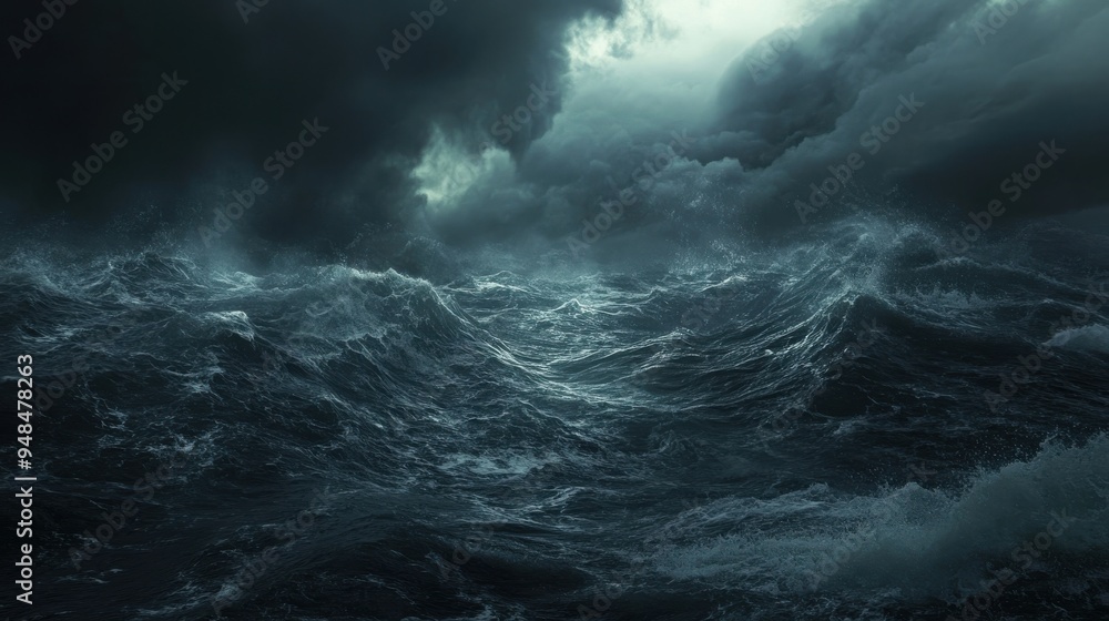 Dark and turbulent ocean waves under a stormy sky, creating a dramatic and moody seascape atmosphere. Dark and turbulent ocean waves under a stormy sky, creating a dramatic and moody seascape atmosphere.