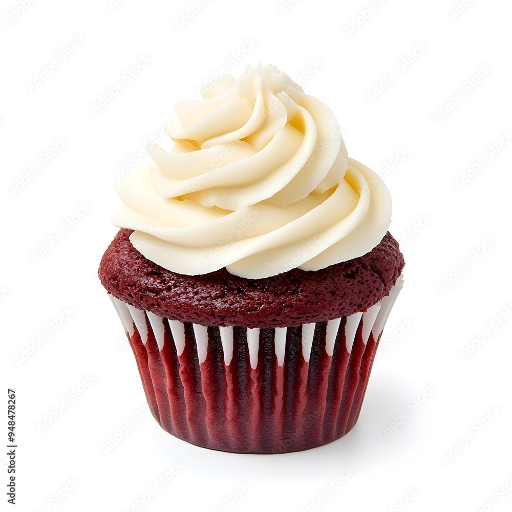 Closeup shot of a freshly baked and elegantly decorated red velvet cupcake featuring a swirl of creamy white frosting on top Closeup shot of a freshly baked and elegantly decorated red velvet cupcake featuring a swirl of creamy white frosting on top