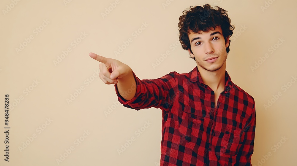 Young Adult in a Red and Black Checkered Shirt, Pointing, Light Cream Wall Young Adult in a Red and Black Checkered Shirt, Pointing, Light Cream Wall
