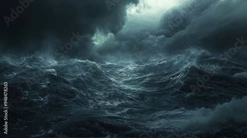 Dark and turbulent ocean waves under a stormy sky, creating a dramatic and moody seascape atmosphere.