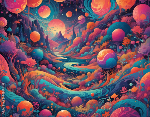 Dreamlike, abstract and other worldly planet,pattern featuring vivid colors and fluid, surreal morphing shapes.