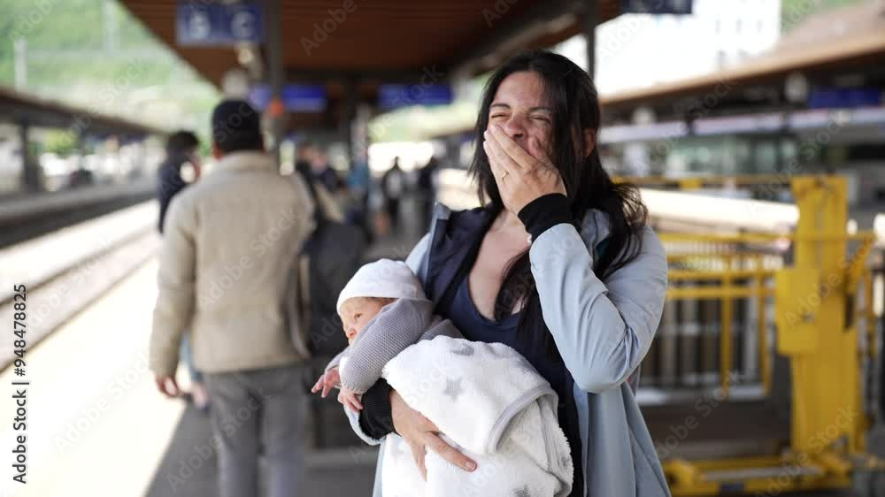 Mother holding a newborn baby while yawning at a train station waiting for a train. a moment of exhaustion in the daily commute of motherhood, blending care, fatigue, and travel Mother holding a newborn baby while yawning at a train station waiting for a train. a moment of exhaustion in the daily commute of motherhood, blending care, fatigue, and travel