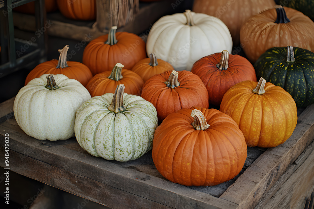 Still life of pumpkins on rustic farm table
Still life of pumpkins on rustic farm table