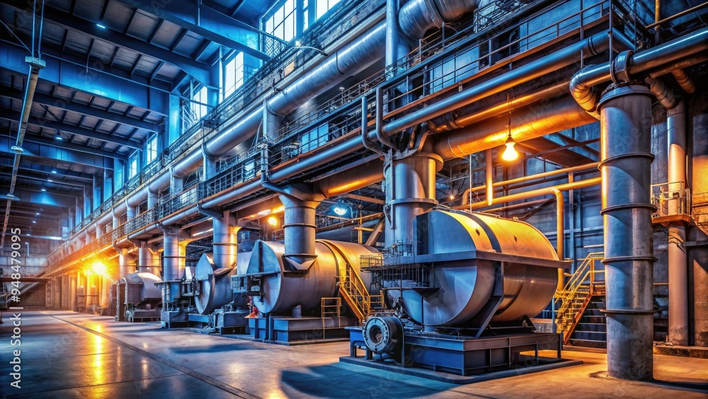 Industrial furnace room interior with rows of large metal boilers, pipes, and machinery, illuminated by bright overhead lighting and surrounded by concrete walls. Industrial furnace room interior with rows of large metal boilers, pipes, and machinery, illuminated by bright overhead lighting and surrounded by concrete walls.