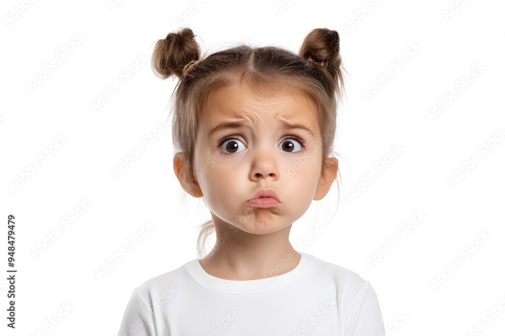 Curious young girl with furrowed brow and tilted head displaying a confused expression against a clean white background 3D digital rendering Curious young girl with furrowed brow and tilted head displaying a confused expression against a clean white background 3D digital rendering