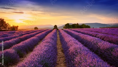 Lavender Fields at Dawn Rows of vibrant lavender stretch towards the horizon, bathed in the golden light of sunrise, creating a picturesque scene of tranquility and serenity.