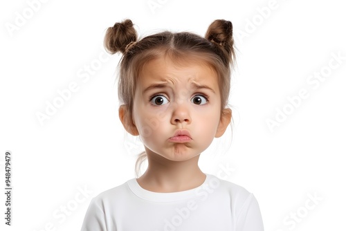 Curious young girl with furrowed brow and tilted head displaying a confused expression against a clean white background 3D digital rendering