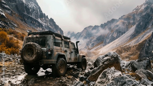 Create a picturesque image of an off-road vehicle climbing a rocky trail in the wilderness. The vehicle should be rugged and capable, with dirt and mud splattered on its body.  photo