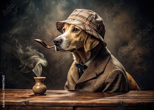 Intelligent canine detective sits in contemplation, wearing a classic deerstalker cap, puffing on a wooden pipe, surrounded by dramatic shadows and eerie atmosphere. photo