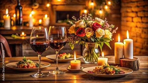 Intimate candlelit table setting with wine glasses, flowers, and a delicious meal, spotlighting a loving partnership in a warm and cozy atmosphere. photo