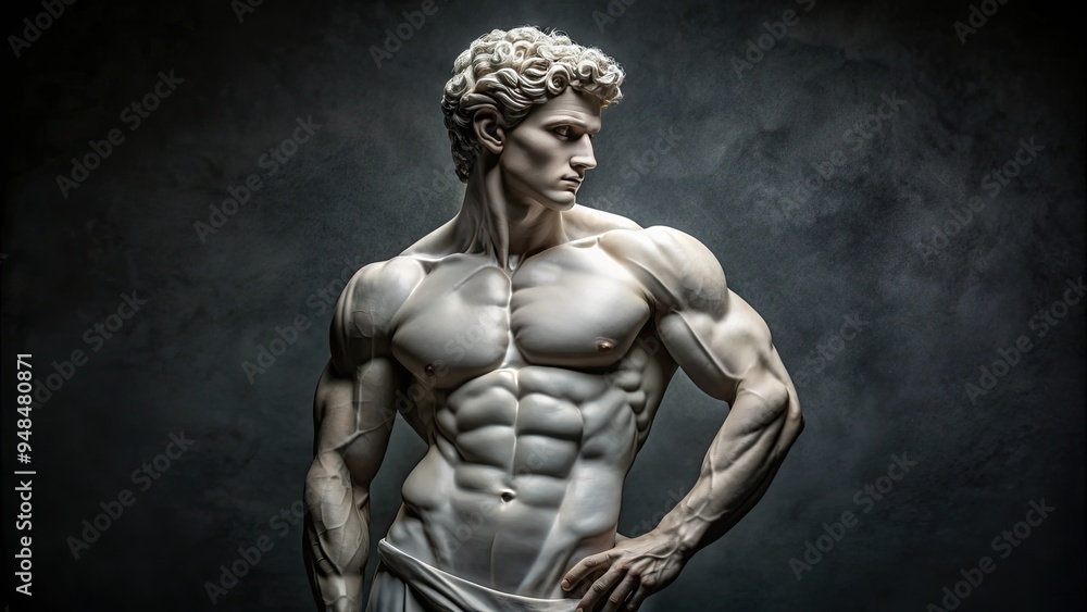 Intricately carved white marble sculpture of a male figure with powerful physique, contrapposto stance, and serene facial expression, set against a dark background. Intricately carved white marble sculpture of a male figure with powerful physique, contrapposto stance, and serene facial expression, set against a dark background.