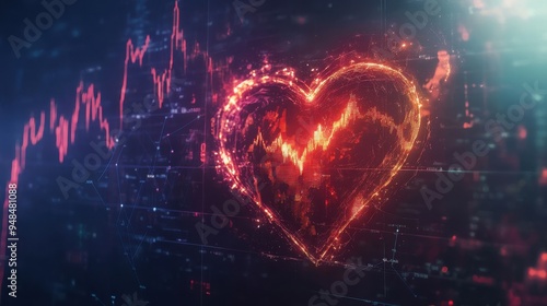 Dynamic heart beat visualization with glowing lines and data patterns, representing love and emotion in a digital world.