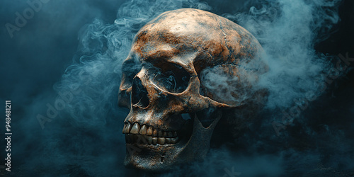 A human skull smoking on a dark background, depicting the concept of no smoking and the dangers of addiction. photo