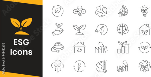 ESG line icon set. Outline icon collection related to ecology, environment social governance, sustainable risk management, and more. Containing ecopackaging, battery, sustainable, planetearth, environ