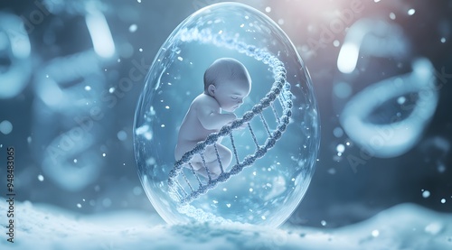 A newborn baby positioned within a transparent sphere surrounded by DNA strands, illustrating futuristic genetics and biotechnology concepts.