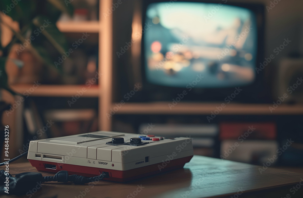 Classic gaming console in use, visible on-screen action, a nostalgic throwback to retro gaming, Classic gaming console in use, visible on-screen action, a nostalgic throwback to retro gaming,