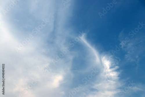 A serene blue sky with wispy clouds creating a tranquil atmosphere, perfect for conveying peace and nature.