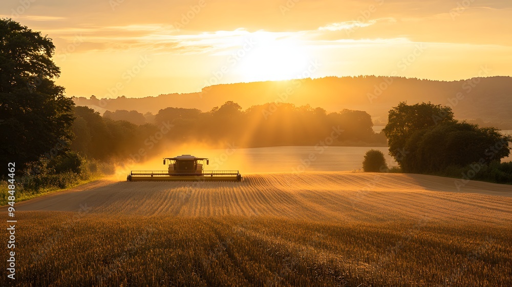 Fototapeta premium 74. **A large farm field with a combine harvester working during the golden hour.