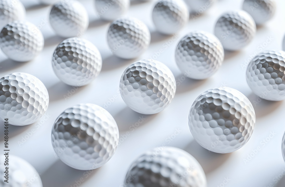 Close-up of a collection of golf balls, isolated against a stark white background, Close-up of a collection of golf balls, isolated against a stark white background,