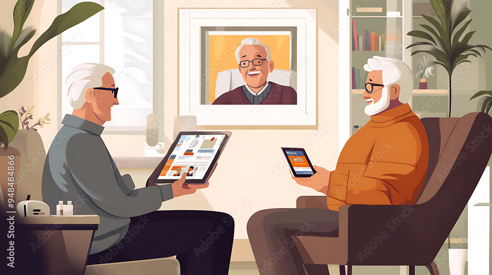 Senior Men Using Tablets for Video Call in Cozy Living Room Senior Men Using Tablets for Video Call in Cozy Living Room