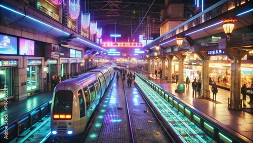 Modern Train Arriving at a Neon-Lit Station photo