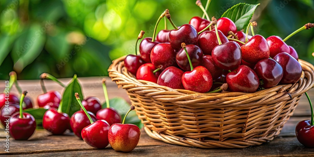 Juicy cherries overflow from a wicker basket, showcasing their vibrant red and black hues, plump texture, and enticing sweet or tart flavor profiles. Juicy cherries overflow from a wicker basket, showcasing their vibrant red and black hues, plump texture, and enticing sweet or tart flavor profiles.