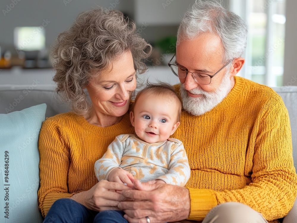 Parents introducing their newborn to grandparents via video call selective focus, life s milestones theme, vibrant, Fusion, cozy home backdrop Parents introducing their newborn to grandparents via video call selective focus, life s milestones theme, vibrant, Fusion, cozy home backdrop