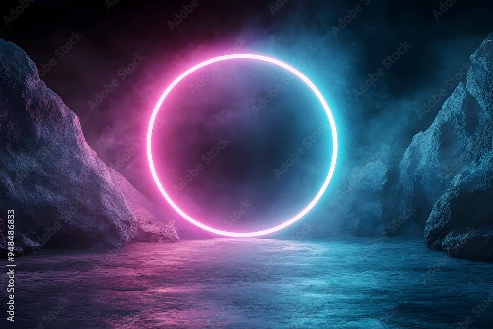 Glowing cosmic portal with neon circle gate surrounded by stone formations on a dark fantasy landscape rendering of an abstract and futuristic dimensional gateway Glowing cosmic portal with neon circle gate surrounded by stone formations on a dark fantasy landscape rendering of an abstract and futuristic dimensional gateway