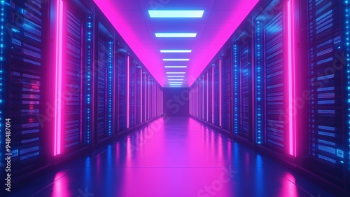 Abstract data center room with bright neon blue and pink light glowing server blocks. Realistic 3d vector illustration of tunnel with digital information and database warehouse super computer 