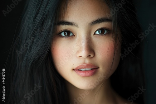 Close-up portrait of young Asian beautiful woman with K-beauty make up style and healthy and perfect skin. Facial and skin care concept for commercial advertising.generative ai