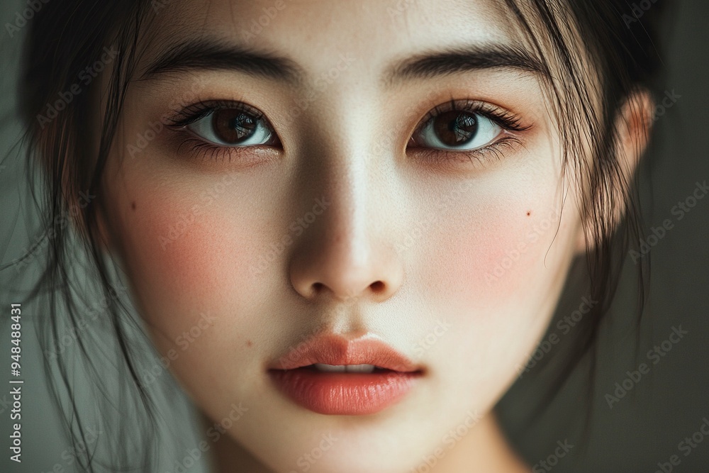 Close-up portrait of young Asian beautiful woman with K-beauty make up style and healthy and perfect skin. Facial and skin care concept for commercial advertising.generative ai Close-up portrait of young Asian beautiful woman with K-beauty make up style and healthy and perfect skin. Facial and skin care concept for commercial advertising.generative ai