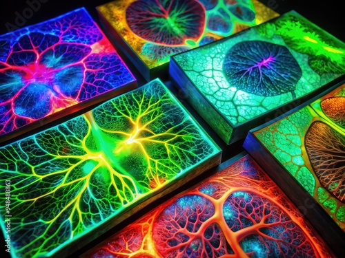 Luminescent Tissue Etchings: Detailed images of dissected tissues, illuminated with fluorescent dyes to reveal their intricate structures and patterns. photo