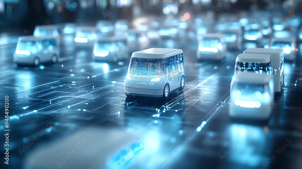 Futuristic scene of autonomous vehicles on a city road, showcasing advanced technology and AI integration in urban transportation. Futuristic scene of autonomous vehicles on a city road, showcasing advanced technology and AI integration in urban transportation.