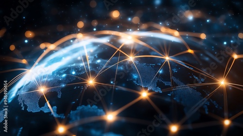 Global network connections visualized on a digital globe, showcasing high-tech, futuristic communication and connectivity.