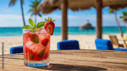 Fresh cold strawberry mojito cocktail glass in a wooden table with beach landscape.