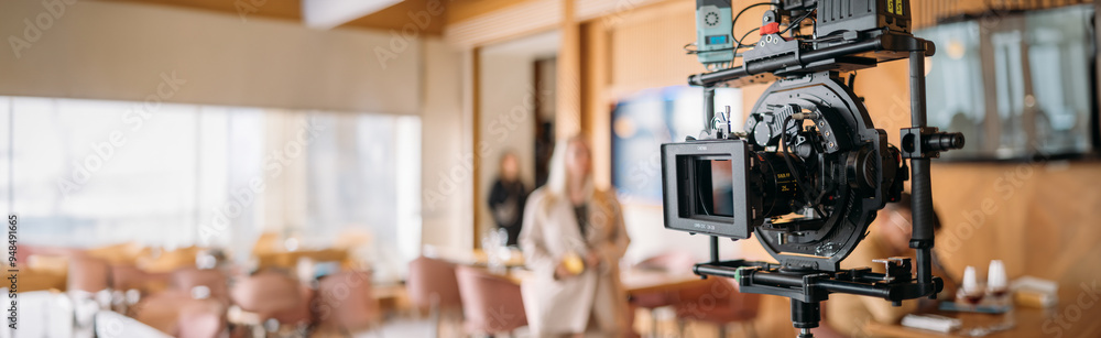 Professional film and video camera on the set. Shooting shift, equipment and group. Professional film and video camera on the set. Shooting shift, equipment and group.