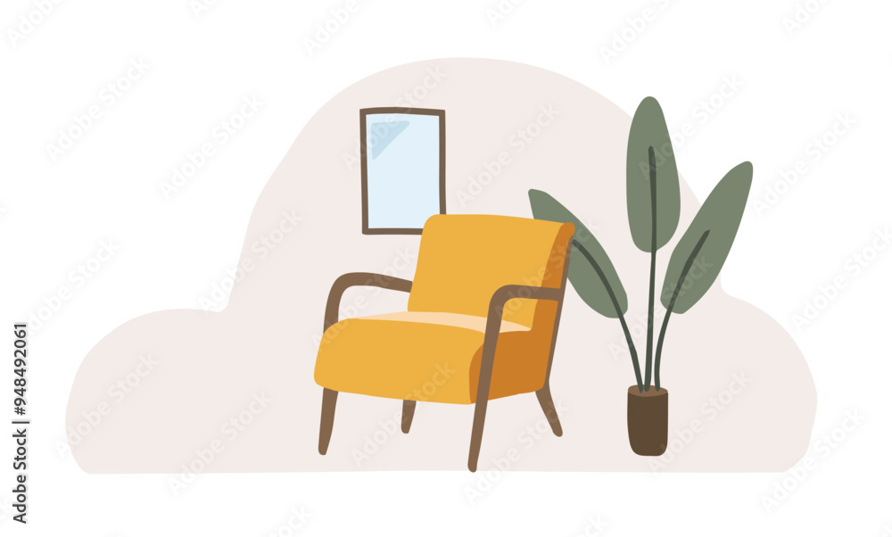 Fototapeta premium Hand drawn living room vector illustration, icon. Retro Scandinavian interior. Armchair furniture with green potted plant and picture frame on wall. Cartoon lifestyle home composition. Flat design